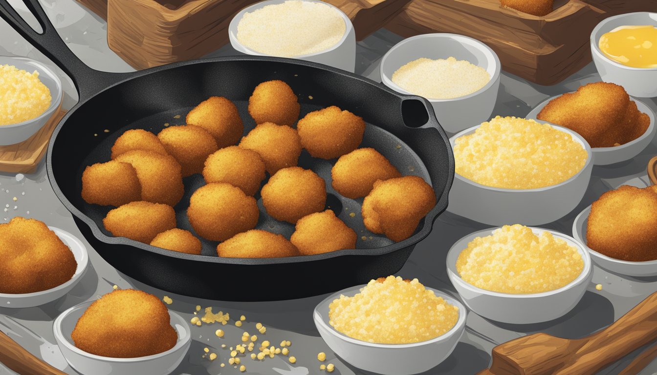 A cast-iron skillet sizzles with golden hush puppies frying in bubbling oil, surrounded by a clutter of cornmeal, buttermilk, and seasonings