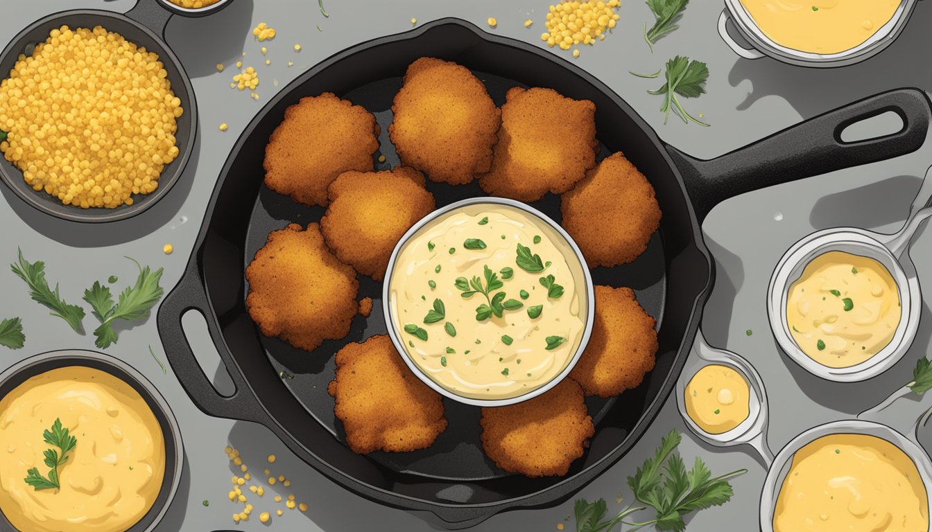 A cast-iron skillet sizzles with golden-brown hush puppies, surrounded by a scattering of cornmeal and a dollop of spicy remoulade sauce