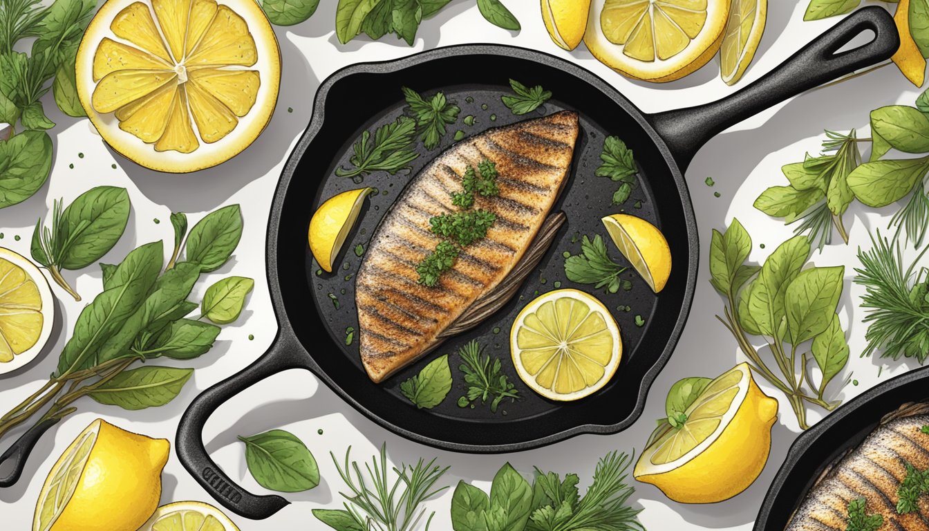 A sizzling cast iron skillet with blackened catfish fillets, surrounded by slices of lemon and a sprinkle of fresh herbs