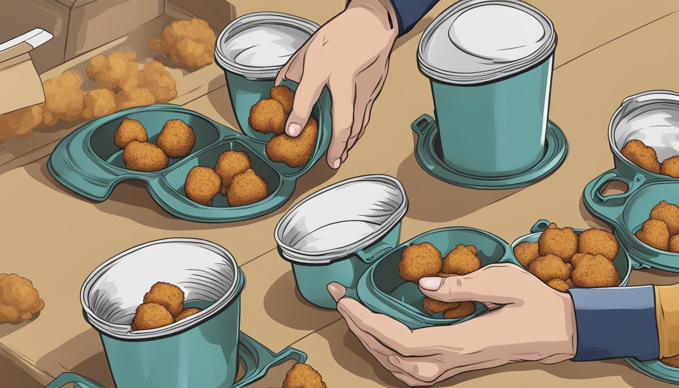 A hand pouring hush puppies into a container, with another hand placing a lid on top