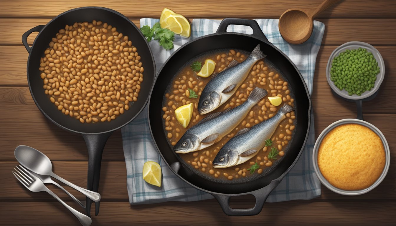 A cast-iron skillet sizzling with seasoned catfish, a side of cornbread, and a pot of simmering black-eyed peas on a rustic kitchen stove