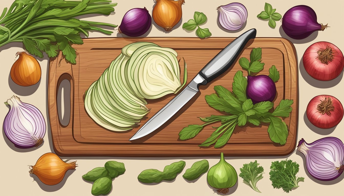 A cutting board with fresh Texas super sweet onions, a knife, and various vegetables and herbs laid out for cooking