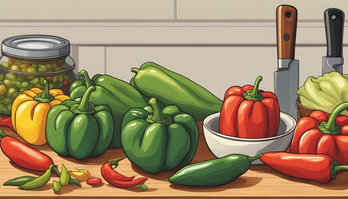 A colorful array of Texas peppers, varying in size and heat level, sit on a wooden cutting board next to a chef's knife and a bowl of fresh ingredients