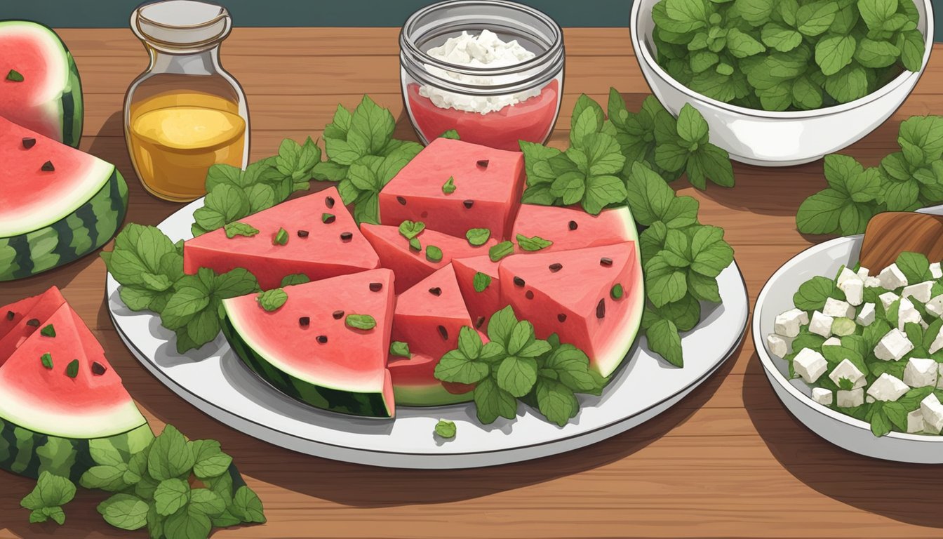 A wooden cutting board with diced watermelon, feta cheese, and fresh mint leaves, surrounded by a bowl of mixed greens and a bottle of vinaigrette