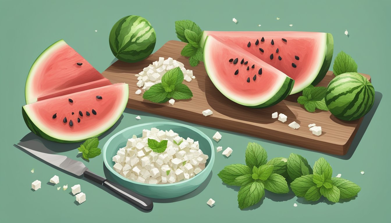 A wooden cutting board with a ripe watermelon, mint leaves, and a bowl of feta cheese, surrounded by a few scattered seeds and a small knife