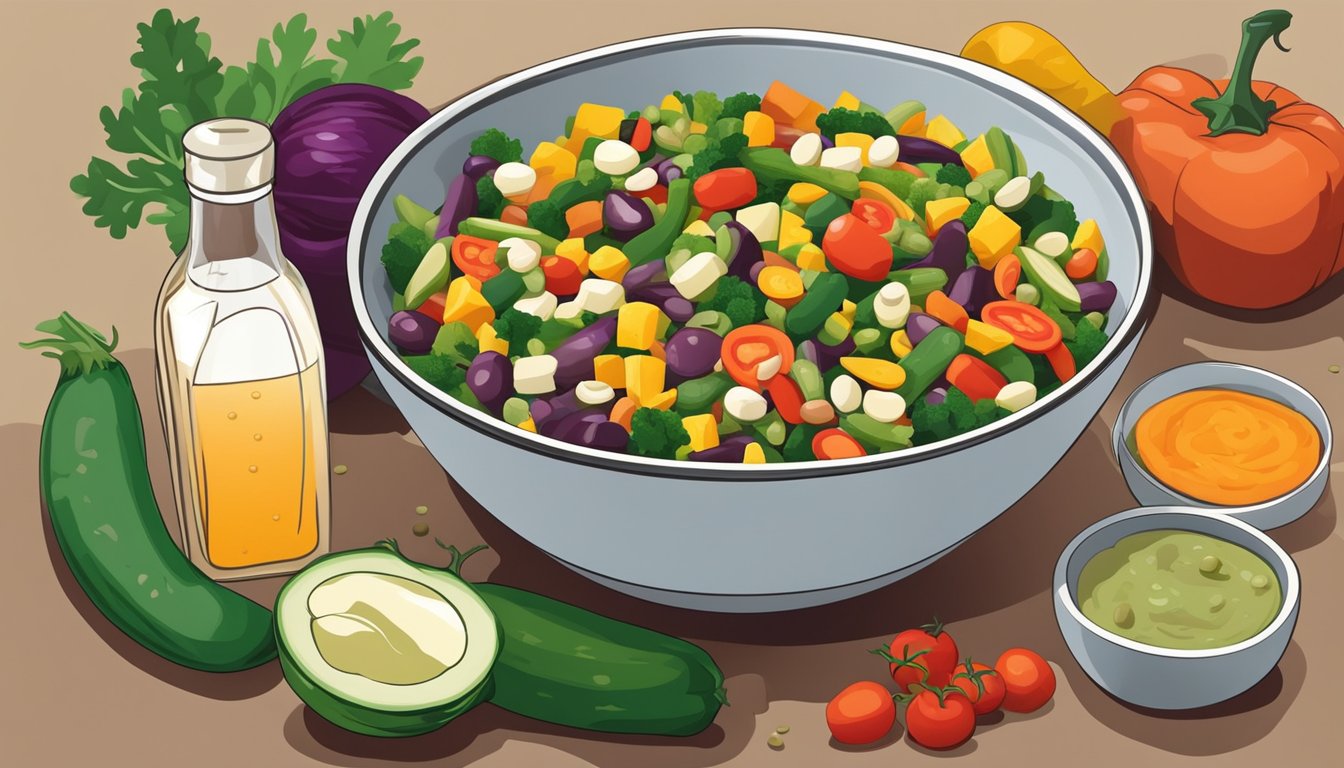 A colorful array of chopped vegetables and beans mixed in a bowl, with a bottle of dressing nearby