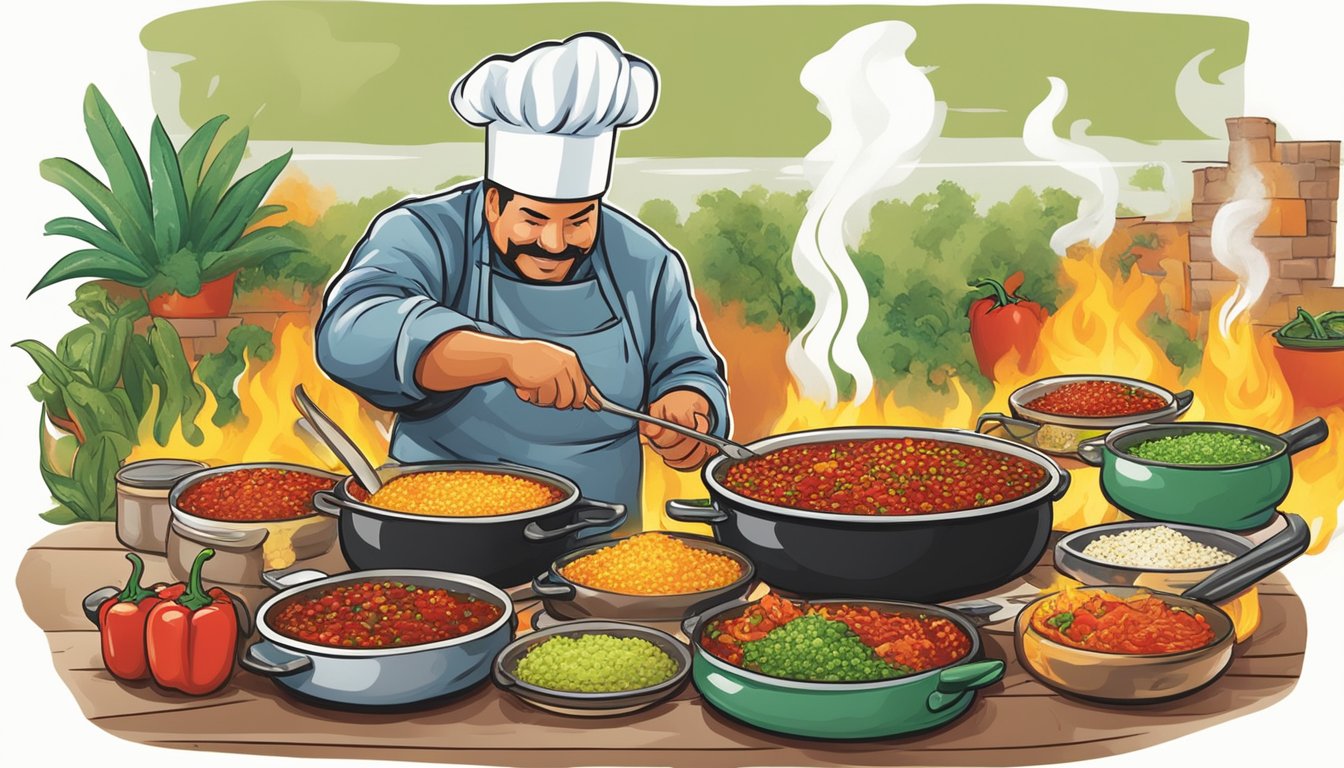 A chef sprinkles Texas peppers into sizzling pots of chili, stir-fry, and salsa, infusing the dishes with fiery heat and rich flavor