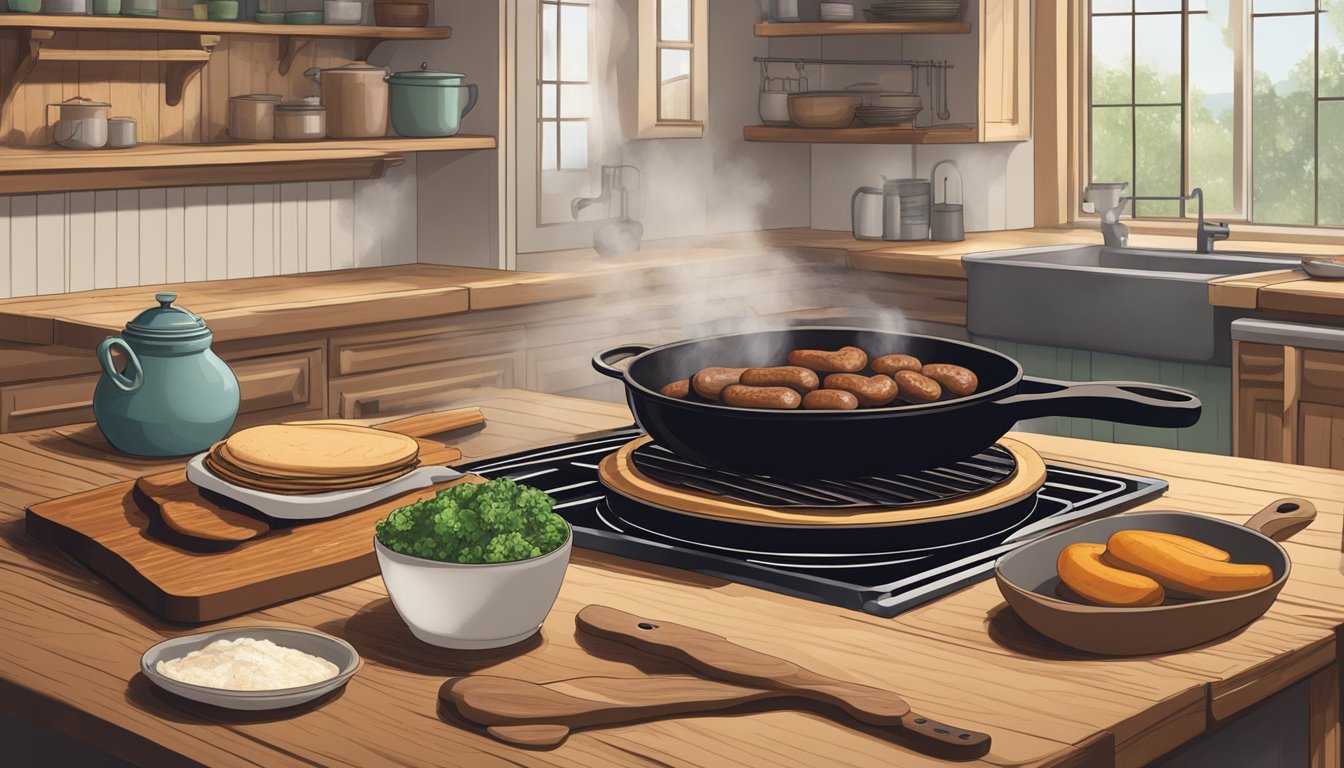 A rustic kitchen with a cowboy hat hanging on the wall, a cast iron skillet sizzling with sausage, and a bowl of gluten-free flour on the counter