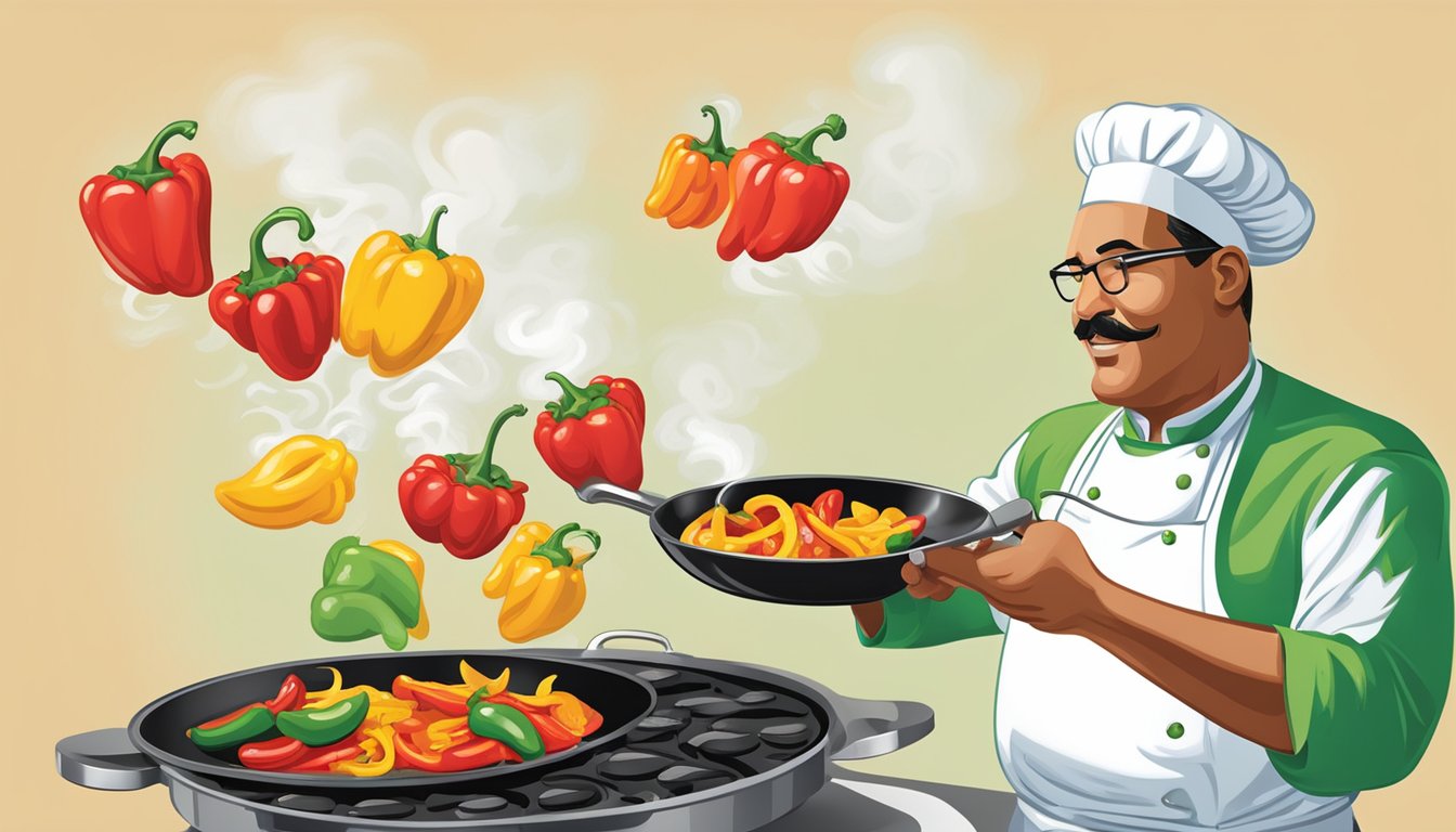 A chef adds Texas peppers to a sizzling skillet, creating a burst of heat and flavor