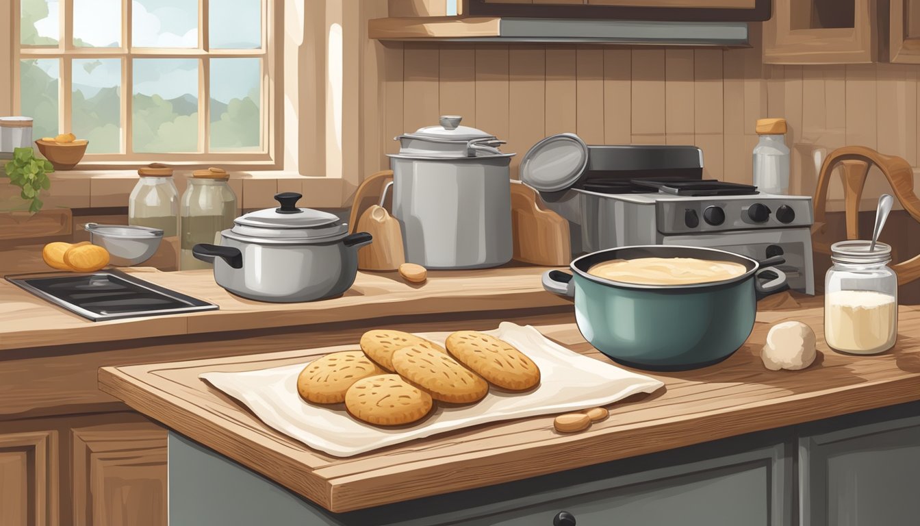 A rustic kitchen counter with scattered flour, a rolling pin, and a bowl of biscuit dough. A pot of simmering gravy on the stove