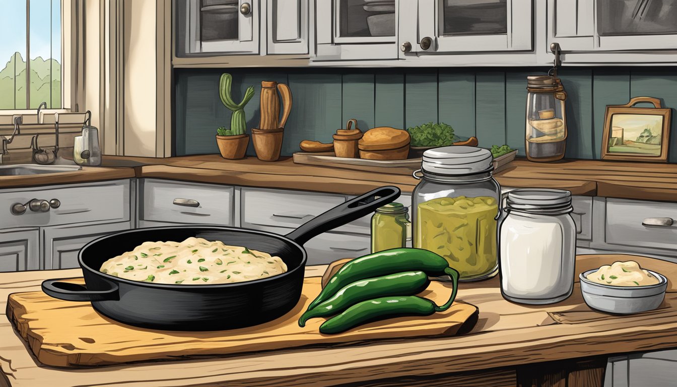 A rustic kitchen scene with a cast iron skillet cooking biscuits and gravy, a jar of pickled jalapenos on the counter, and a cowboy hat hanging on a hook