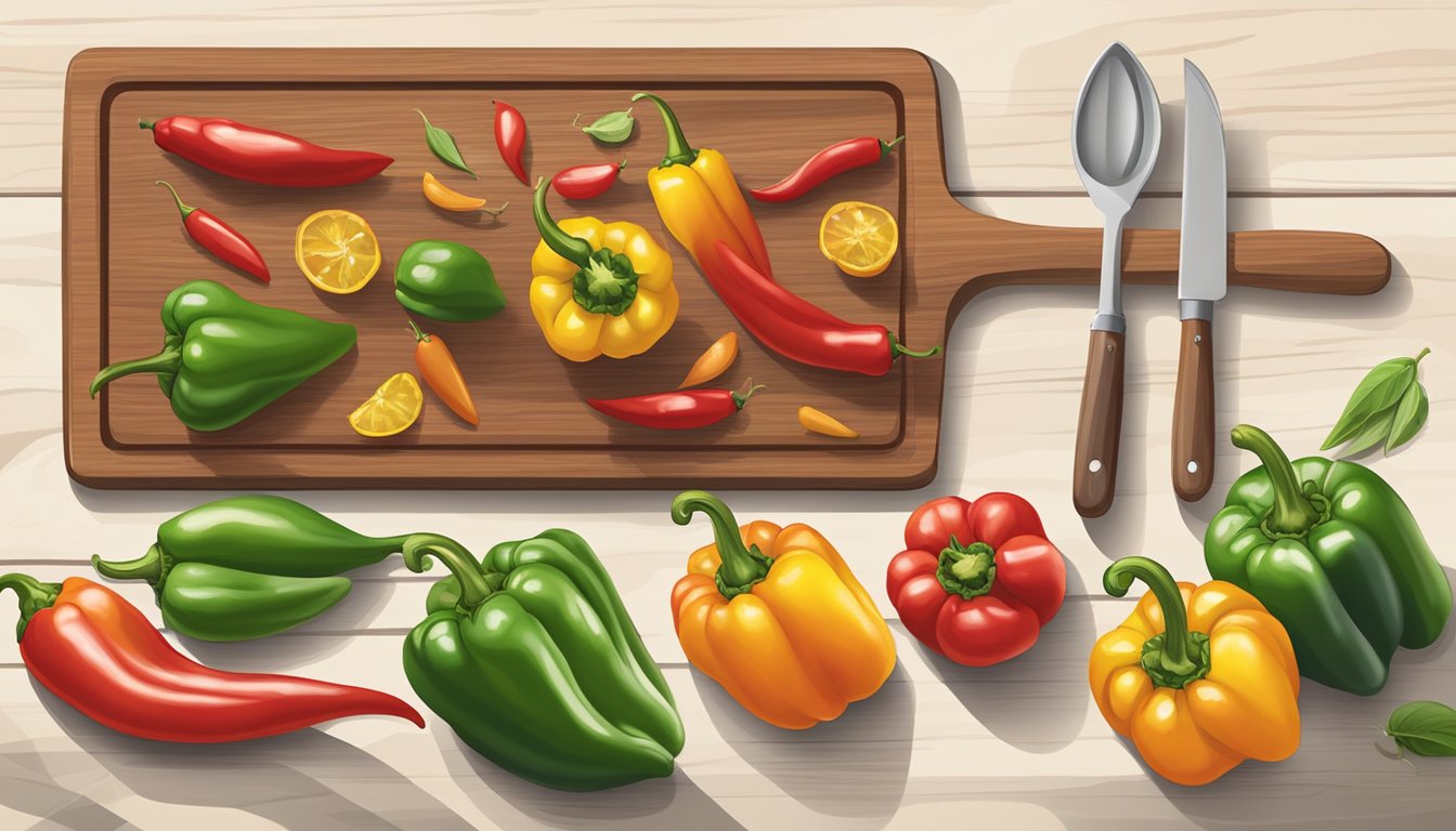 Fresh Texas peppers arranged on a cutting board next to a variety of cooking utensils and spices