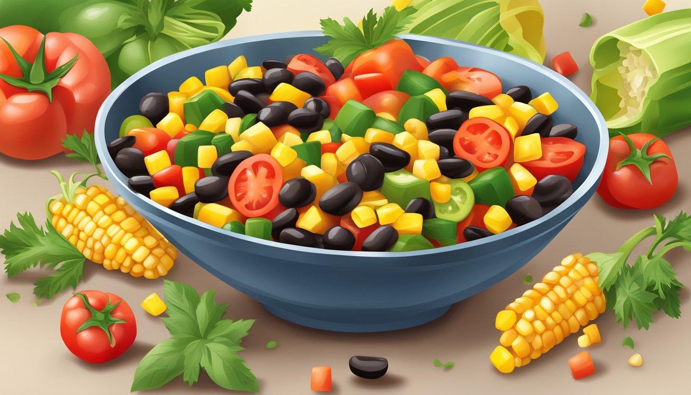 A colorful array of diced tomatoes, black beans, corn, and bell peppers mixed in a tangy vinaigrette, all served in a large bowl