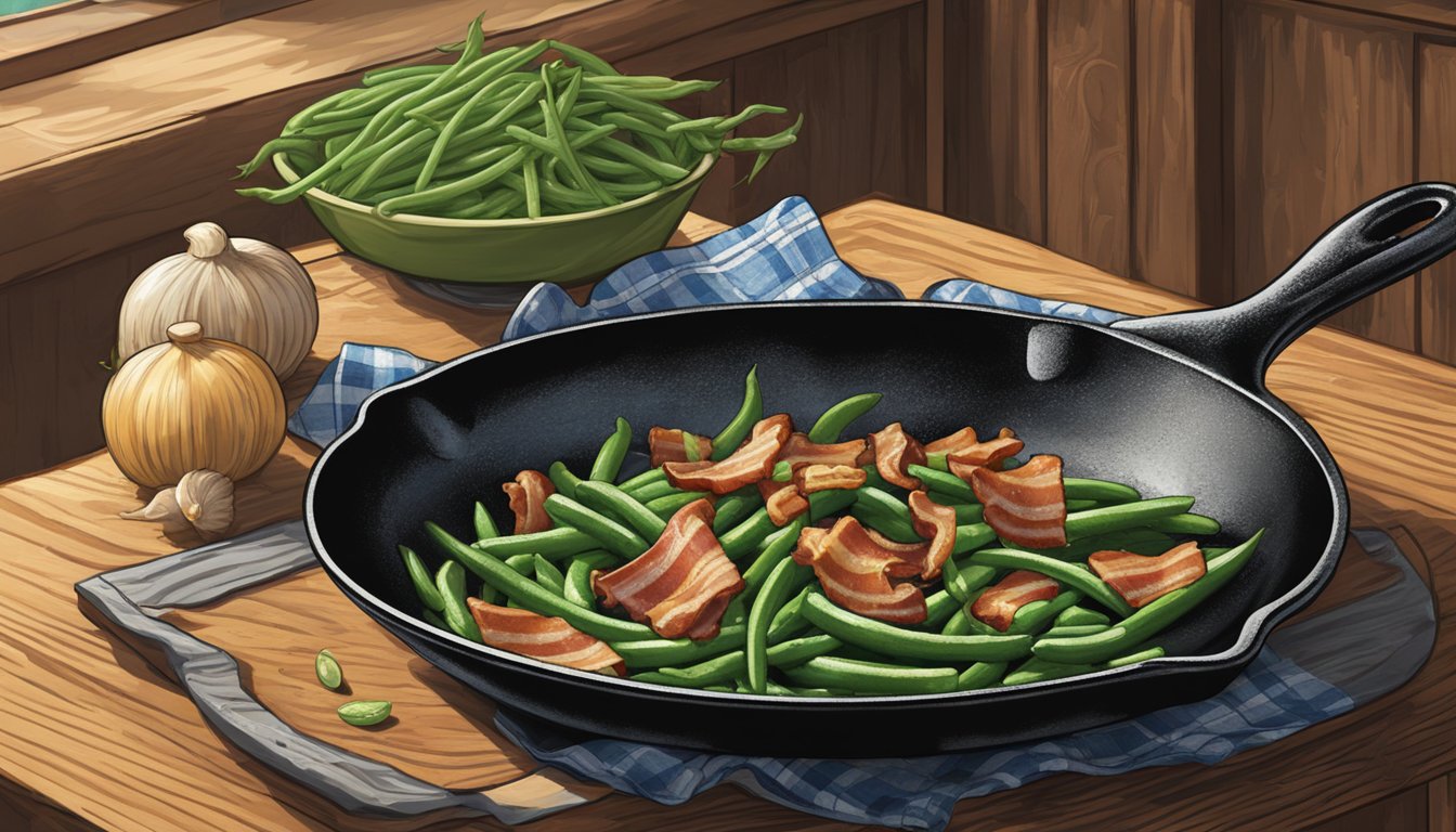 A cast iron skillet sizzles with bacon, garlic, and green beans, as a cowboy hat hangs on a rustic kitchen wall