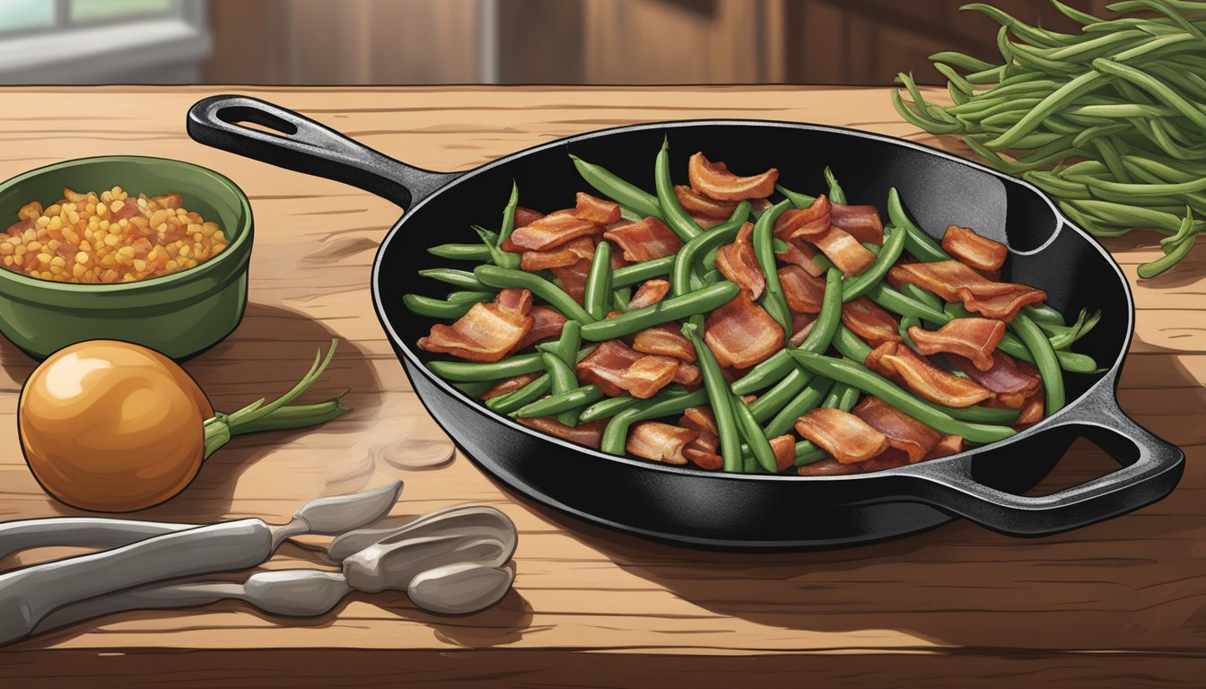 A cast-iron skillet sizzles with bacon, onions, and green beans, as a cloud of savory aroma fills the rustic kitchen