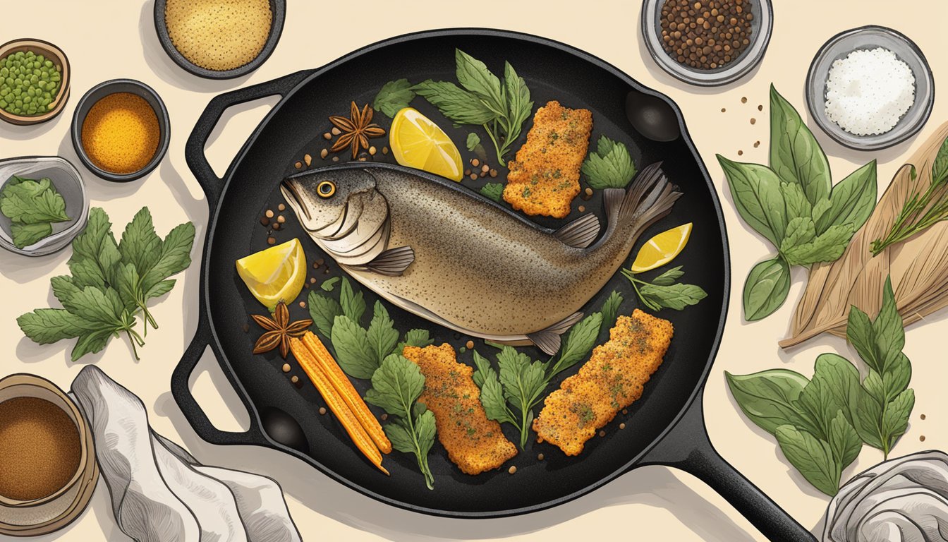 A sizzling catfish fillet surrounded by a medley of Texan spices and herbs, frying in a cast-iron skillet over an open flame