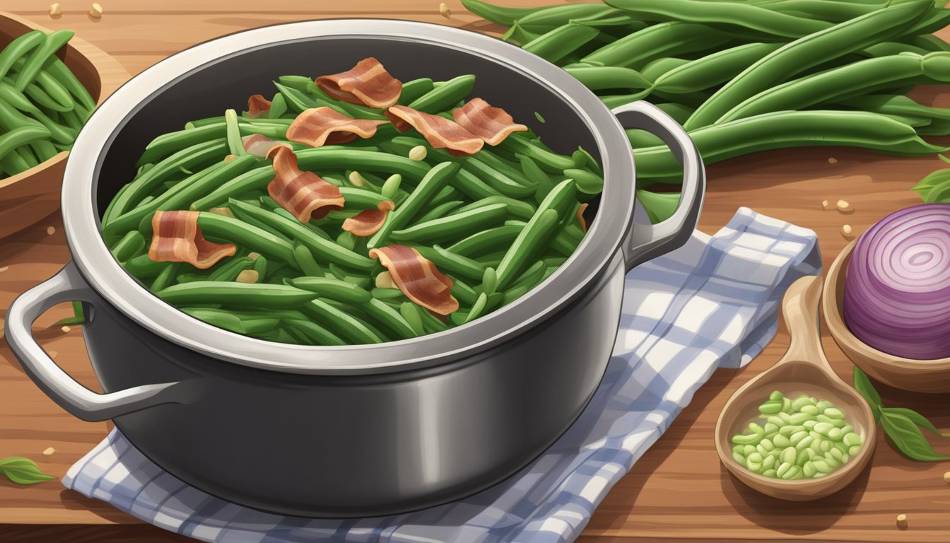 A pot of boiling water with fresh green beans, bacon, onion, and seasonings on a wooden cutting board