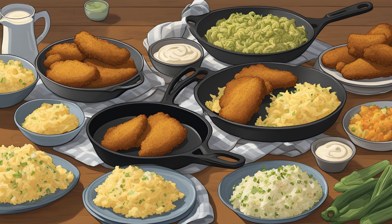 A cast-iron skillet sizzles with golden-brown catfish fillets, surrounded by bowls of hush puppies, coleslaw, and tartar sauce. Cornbread and jalapenos sit nearby