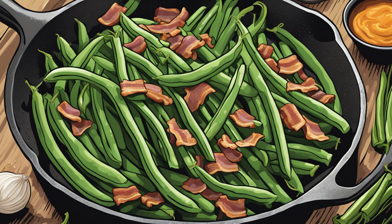 Green beans sizzling in a cast iron skillet with bacon, onions, and garlic, seasoned with salt, pepper, and a dash of hot sauce