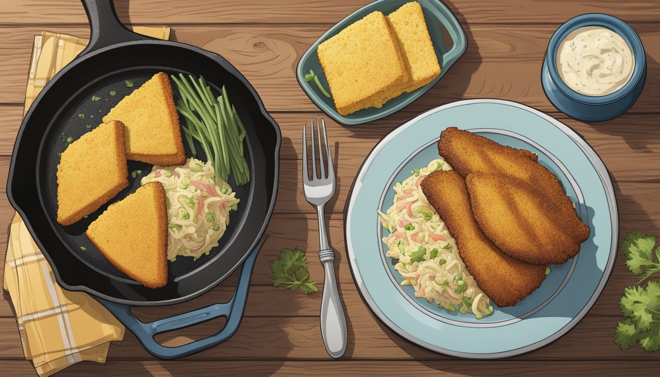 A cast-iron skillet sizzles with seasoned catfish, surrounded by cornbread, coleslaw, and a jar of homemade tartar sauce on a rustic wooden table