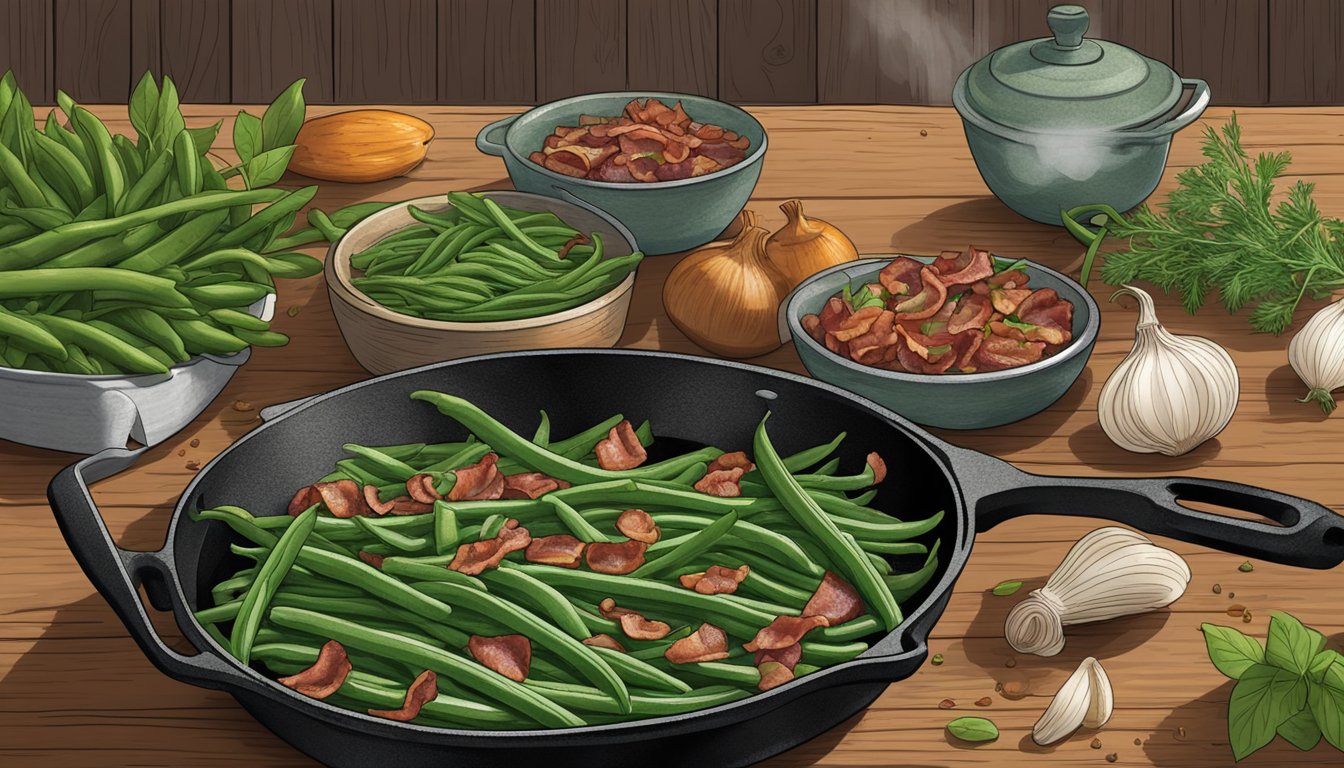 A rustic kitchen with a cast iron skillet filled with sizzling green beans, bacon, and onions, surrounded by fresh herbs and spices