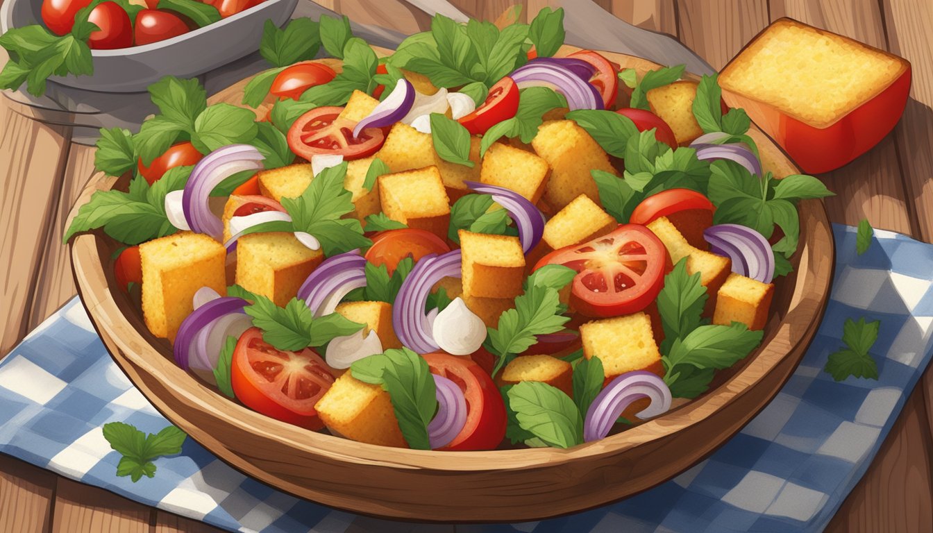 A rustic Texas-style Panzanella salad with chunks of cornbread, tomatoes, onions, and peppers, drizzled with a tangy vinaigrette, served in a wooden bowl on a checkered tablecloth