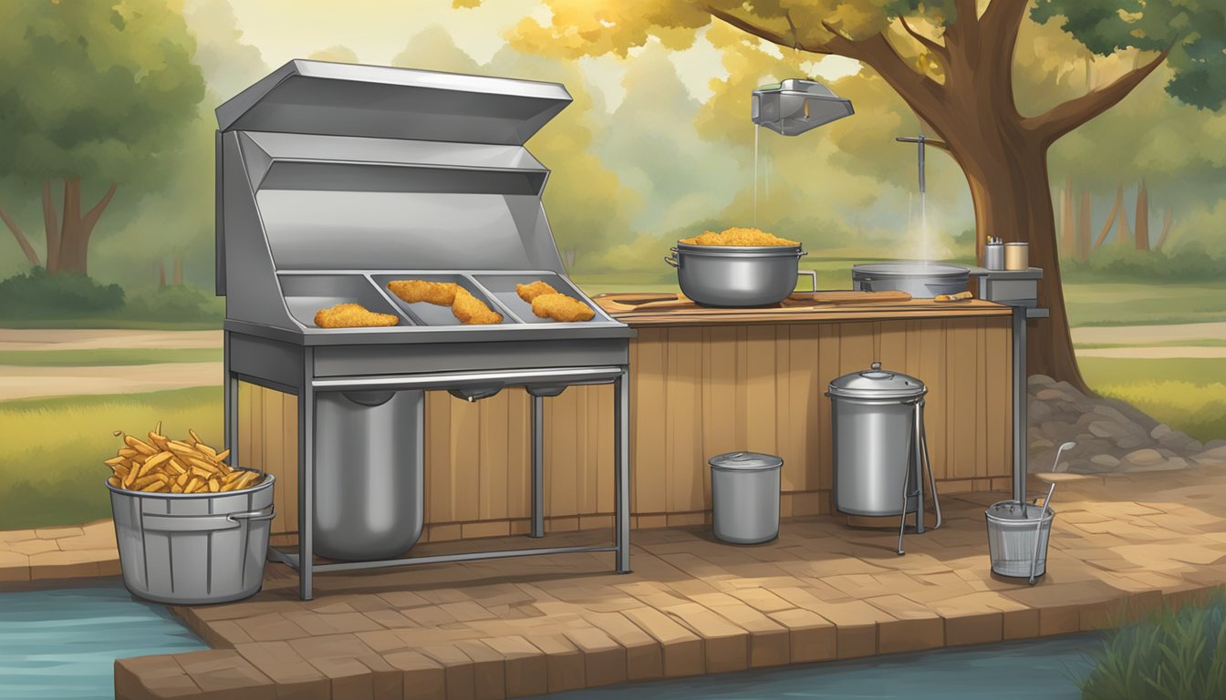 A Texan-themed outdoor fry station with catfish being breaded and fried, alongside a separate area for disposing of used oil and cleaning up