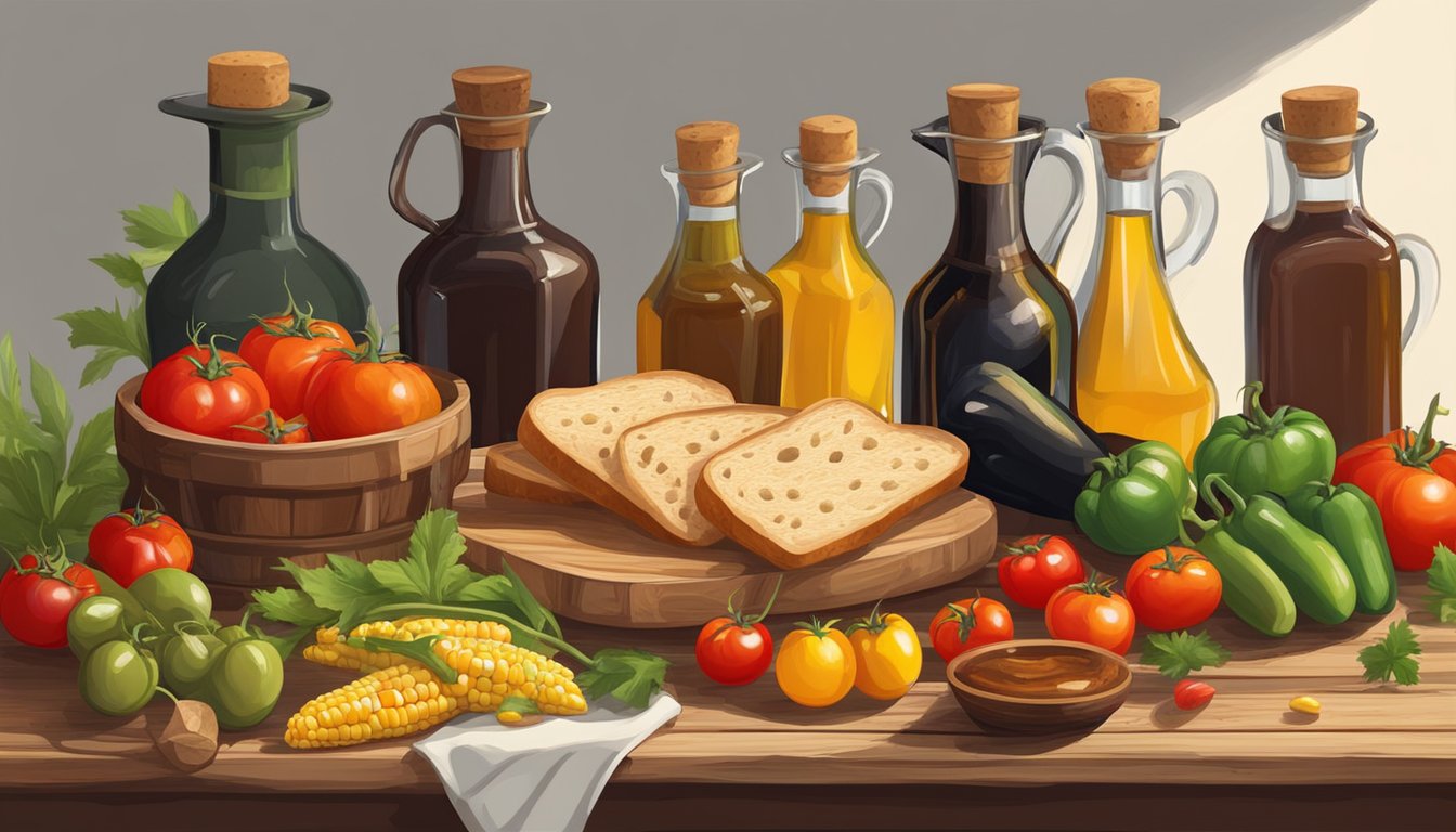 A rustic wooden table with a colorful array of fresh tomatoes, bell peppers, corn, and crusty bread, surrounded by bottles of olive oil and balsamic vinegar