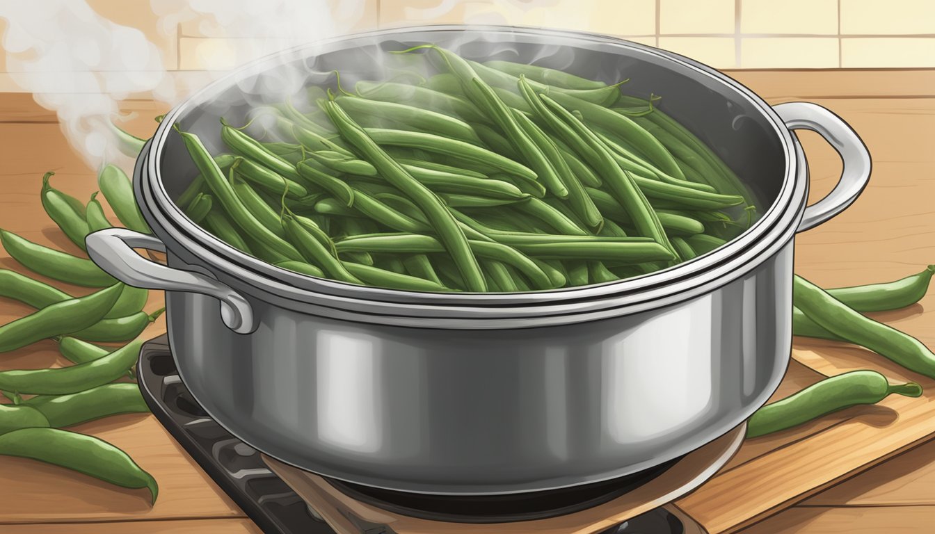 A pot of simmering Texas style green beans on a stovetop, with steam rising and a wooden spoon resting on the edge