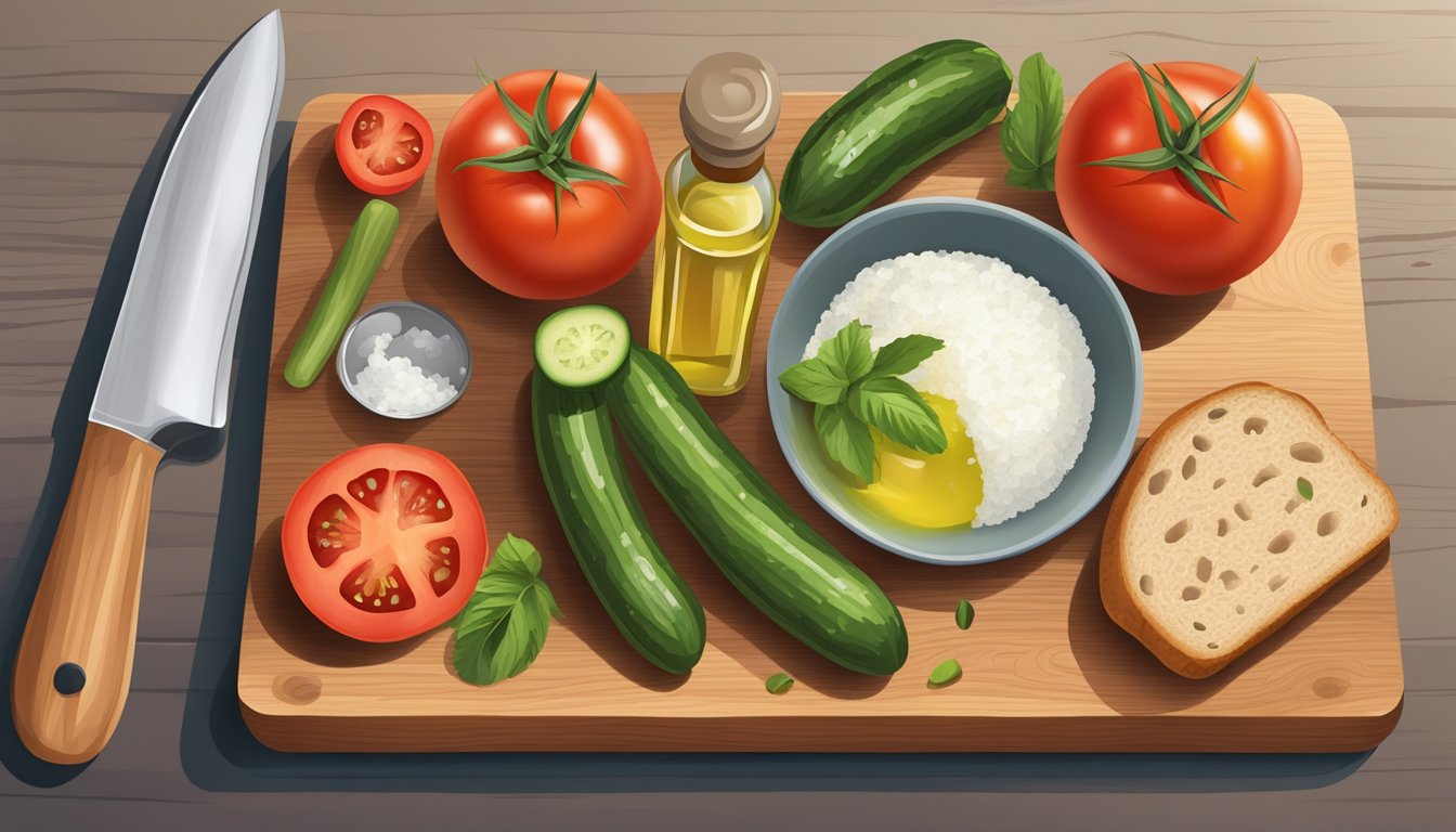 A wooden cutting board with a knife, a mixing bowl filled with chopped tomatoes, cucumbers, and bread cubes, a bottle of olive oil, and a small dish of salt and pepper