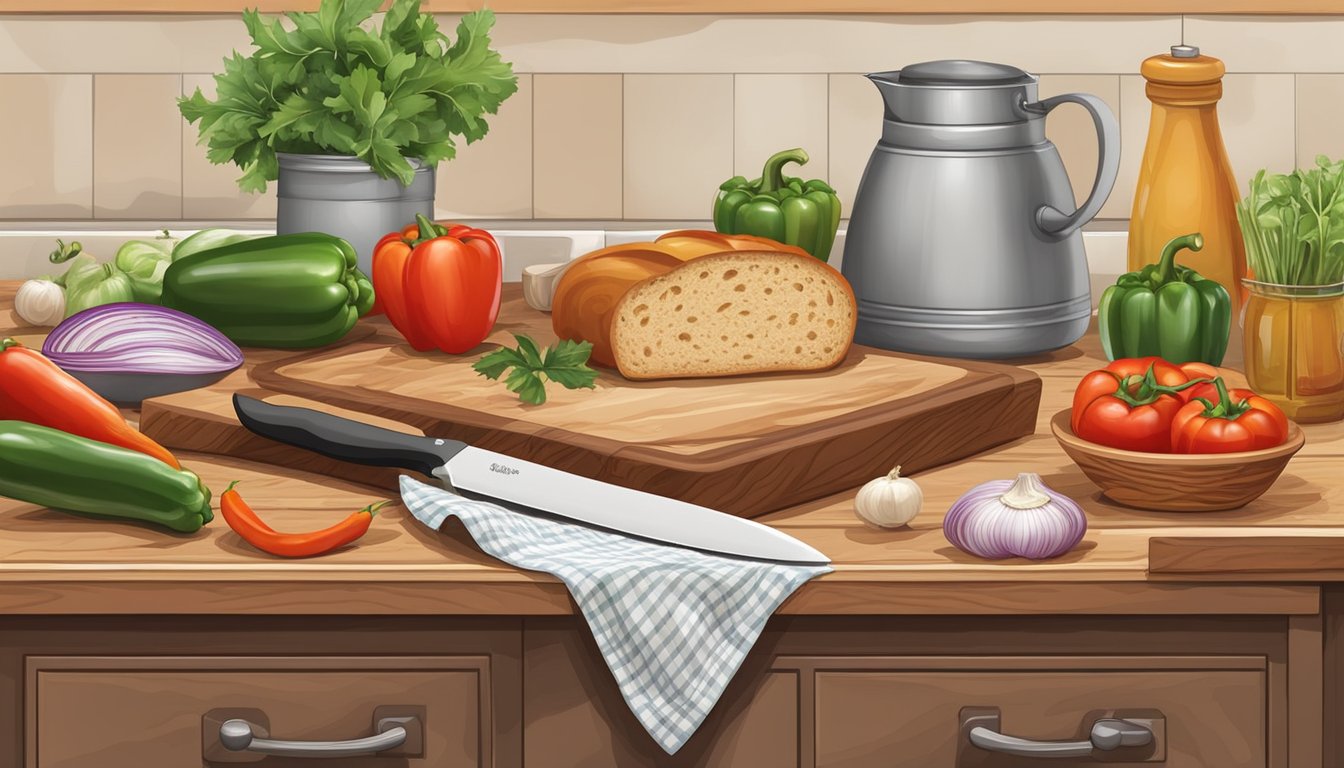 A rustic kitchen counter with a cutting board, knife, fresh bread, tomatoes, bell peppers, and onions, ready to be sliced and diced for the salad