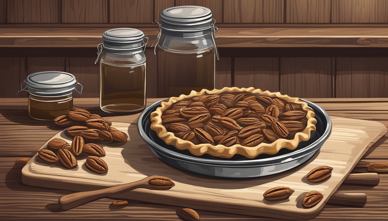 A rustic kitchen with a vintage pie tin filled with pecans, a jar of molasses, and a rolling pin on a worn wooden table