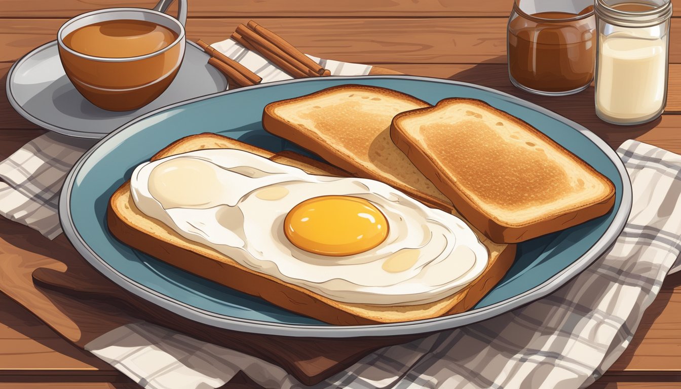 A bowl of eggs, milk, cinnamon, and vanilla extract next to slices of thick Texas toast on a cutting board