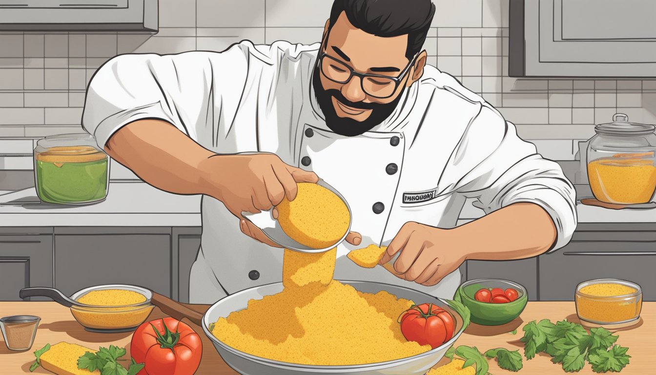 A chef mixing together cornbread, tomatoes, peppers, and vinaigrette for a Texas-style panzanella salad