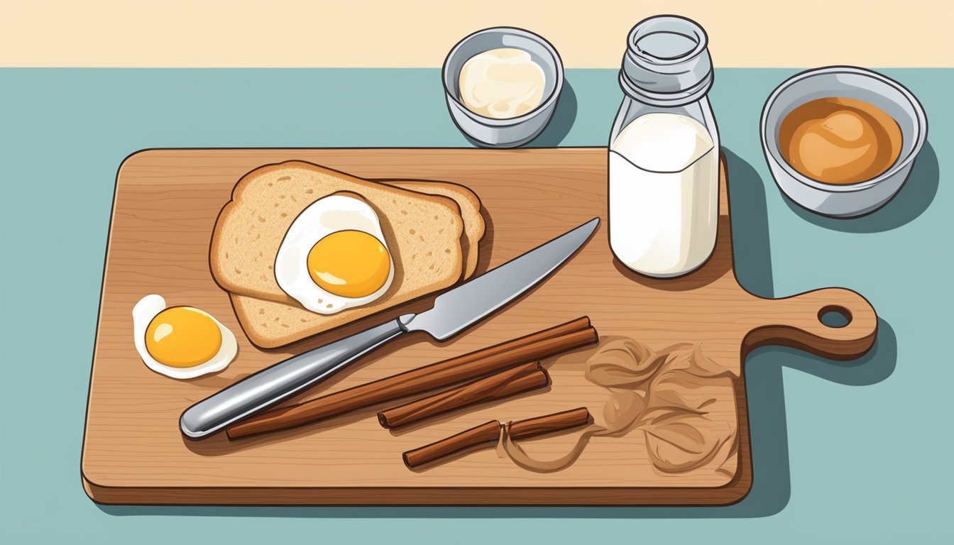 A wooden cutting board with a whisk, eggs, milk, cinnamon, vanilla extract, and slices of bread laid out