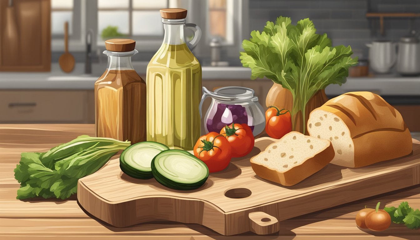 A rustic kitchen with fresh vegetables, bread cubes, and a bottle of vinaigrette on a wooden cutting board