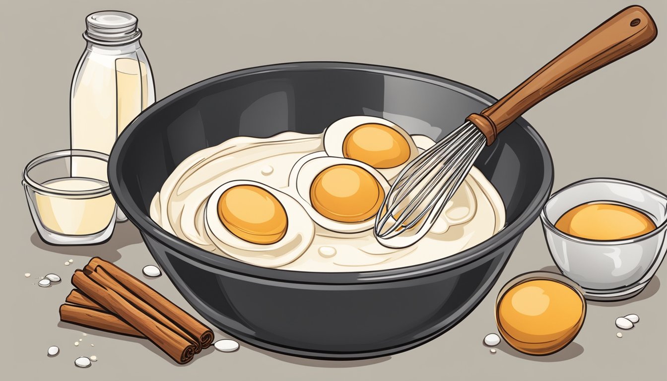 A mixing bowl filled with eggs, milk, vanilla extract, and cinnamon, with a whisk blending the ingredients together