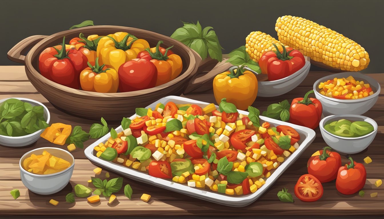 A rustic wooden table with a colorful array of chopped tomatoes, bell peppers, corn, and cubes of toasted bread, all drizzled with a tangy vinaigrette