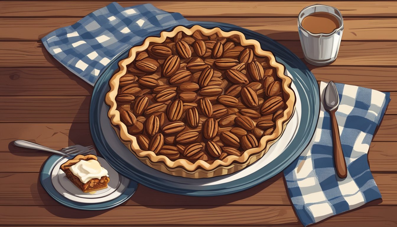 A pecan pie sits on a rustic wooden table, surrounded by pecans and a vintage pie server. A checkered cloth and a mason jar filled with milk complete the cozy scene