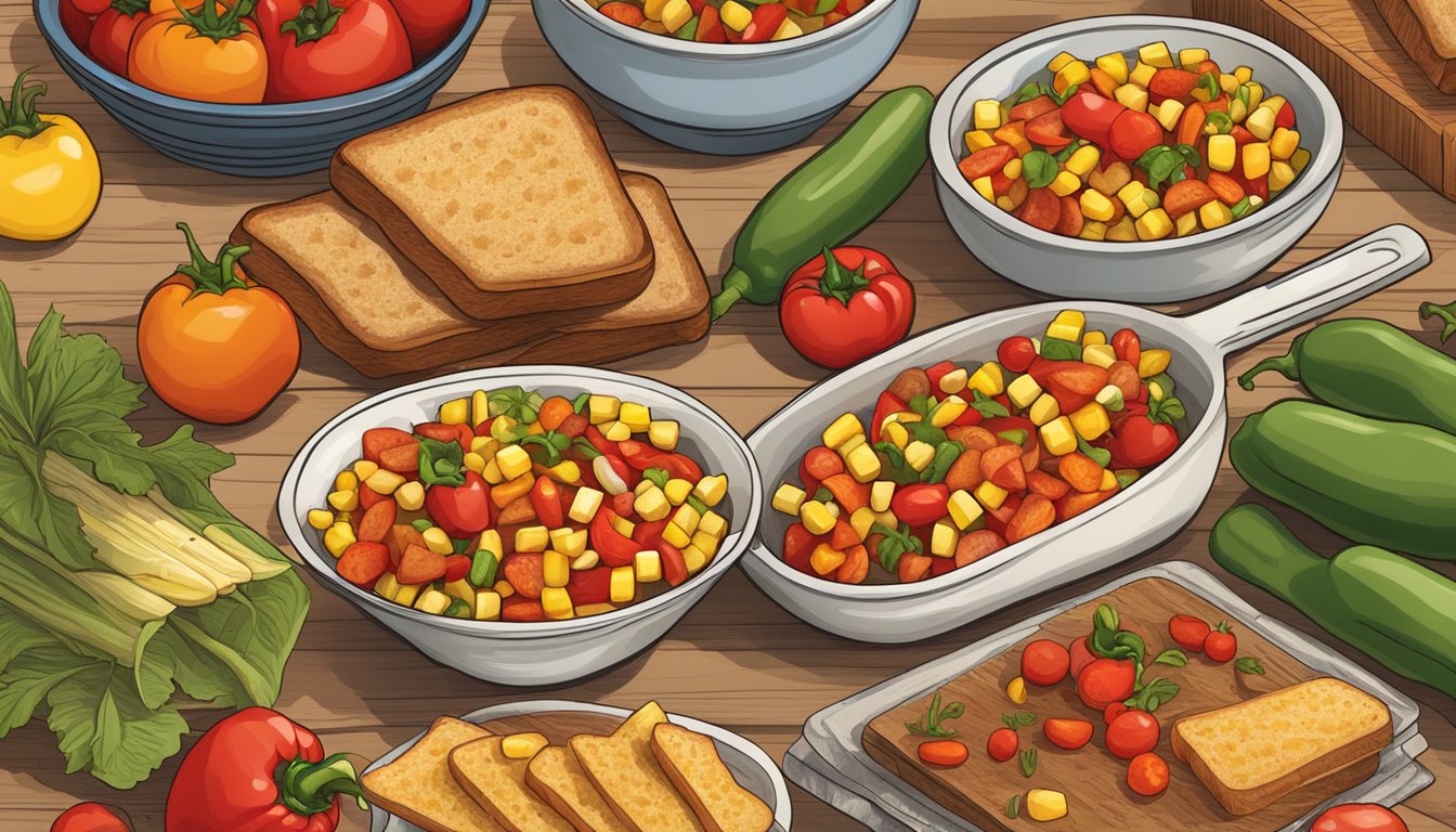 A rustic wooden table set with a colorful array of chopped tomatoes, bell peppers, corn, and chunks of toasted bread, all drizzled with a tangy vinaigrette