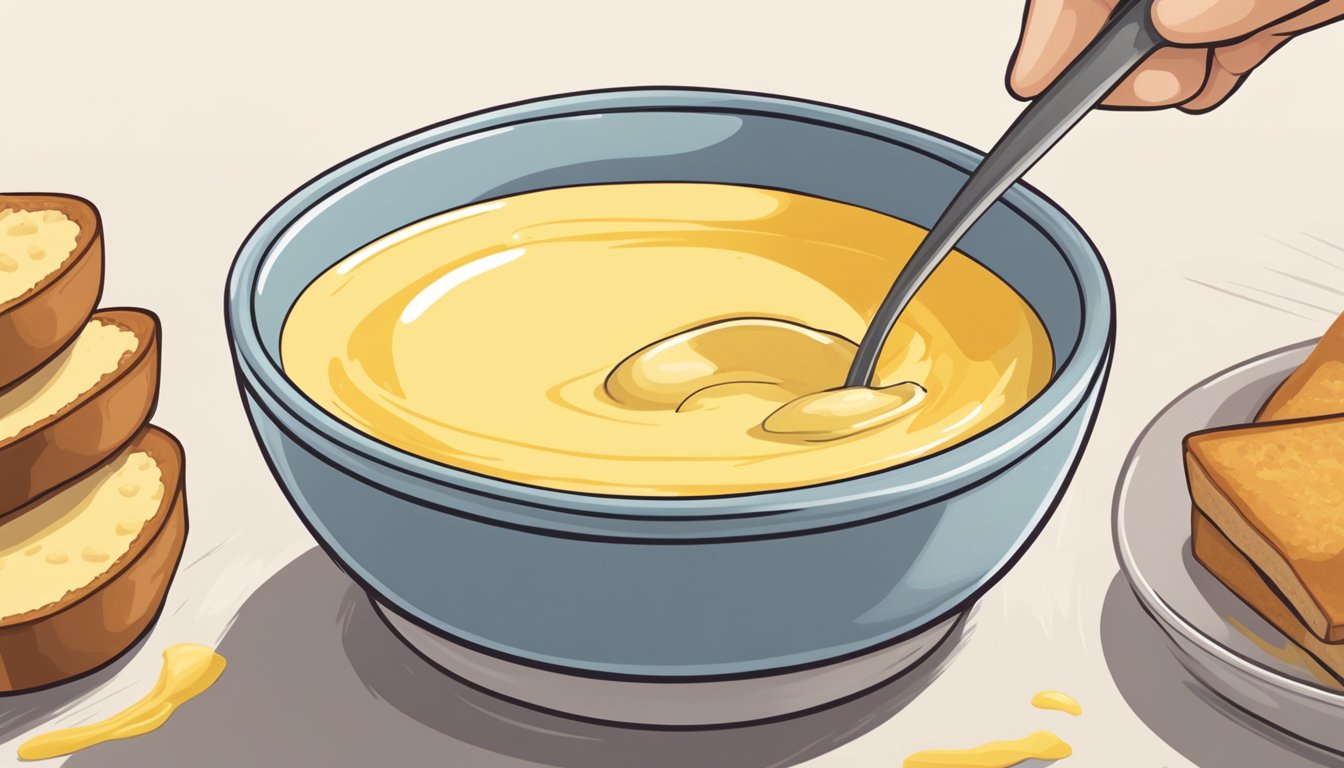 A slice of bread being dipped into a bowl of custard, ready to be fried for classic Texas French toast