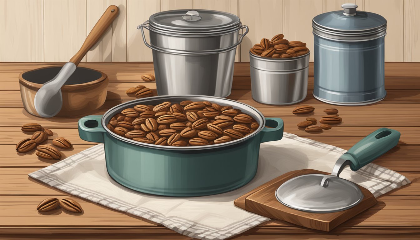 A rustic kitchen with a vintage pie tin filled with pecans, a rolling pin, and a mixing bowl on a wooden countertop