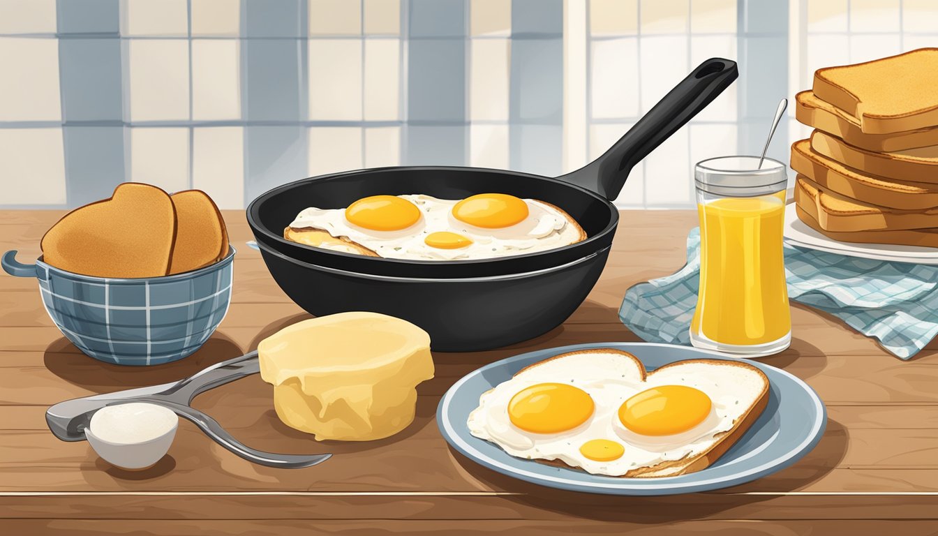 A kitchen counter with a bowl of beaten eggs, slices of Texas toast, and a skillet with sizzling butter