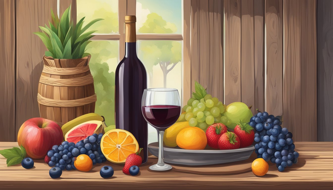 A rustic wooden table with a variety of fresh fruits, a bottle of red wine, a pitcher, and Texas-themed decor