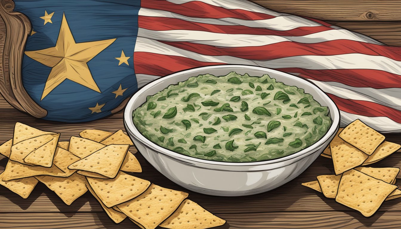 A rustic wooden table with a bowl of creamy spinach and artichoke dip surrounded by tortilla chips, jalapenos, and a Texas flag napkin