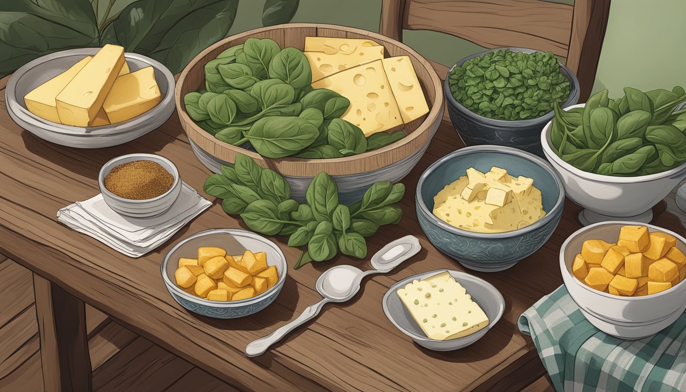 A rustic wooden table with bowls of fresh spinach, artichokes, cheese, and spices, surrounded by Texas-themed decor and a recipe book