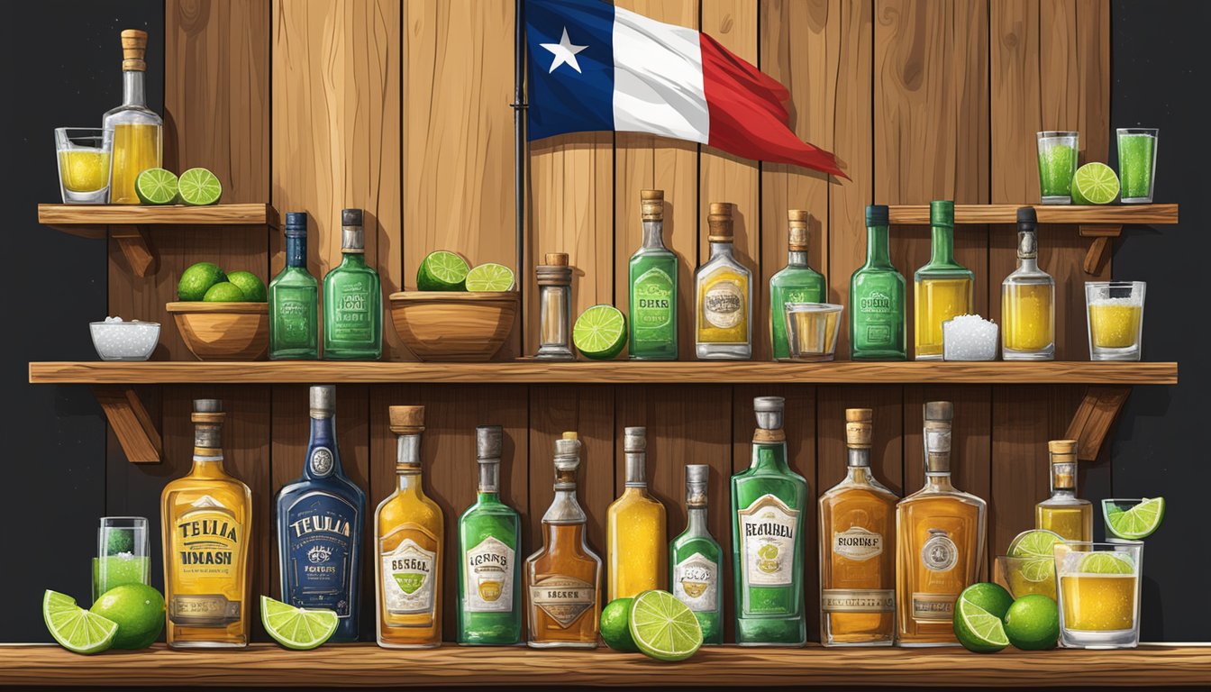 A rustic wooden bar with shelves of tequila bottles, fresh limes, and salt-rimmed glasses. A Texas flag hangs in the background