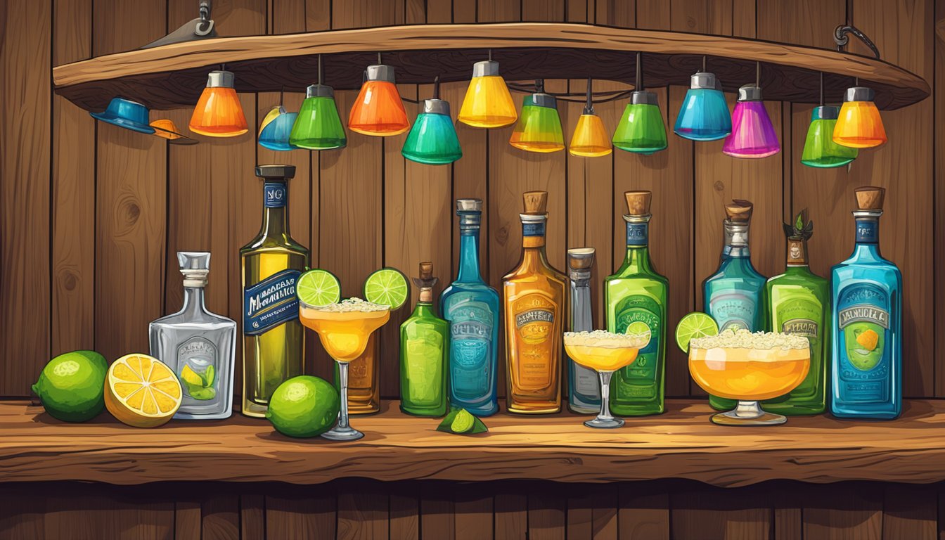 A rustic wooden bar adorned with various tequila bottles, fresh limes, and colorful margarita glasses. A cowboy hat hangs on a hook