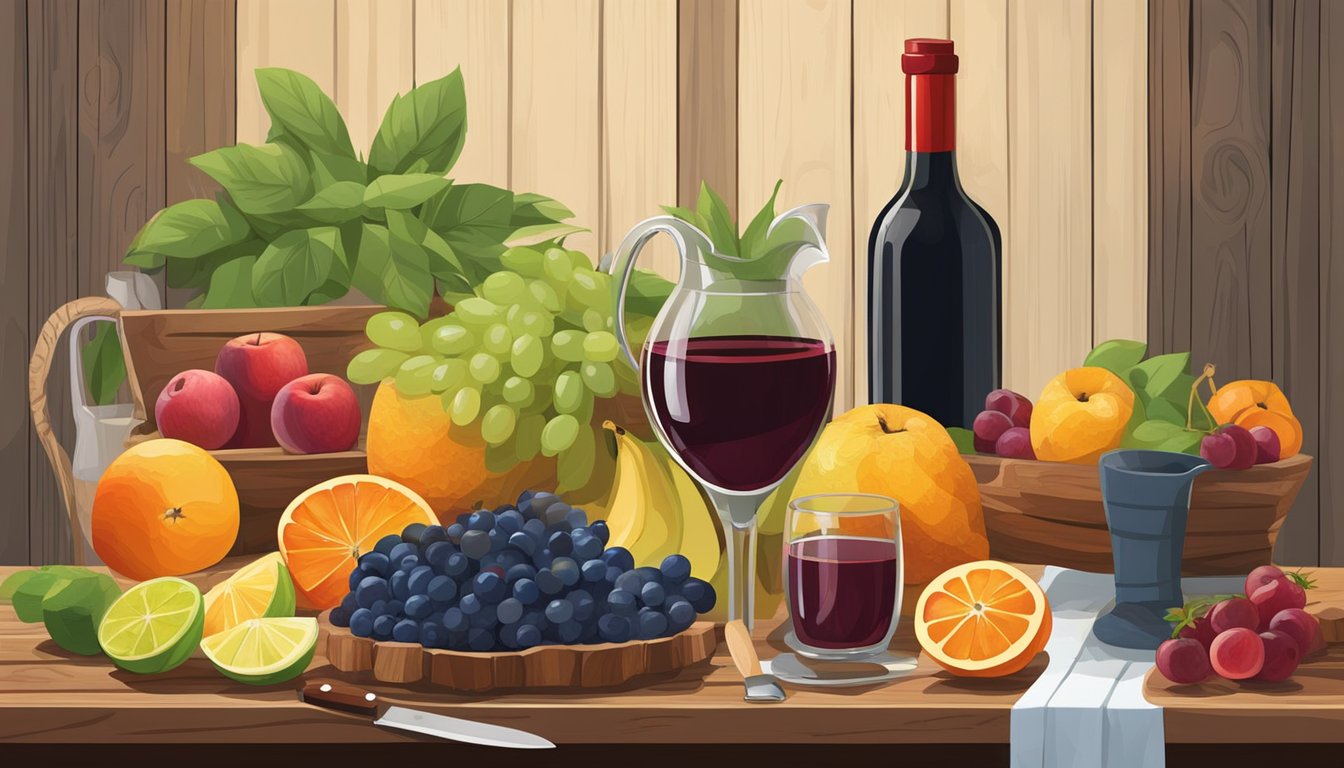 A rustic wooden table displays a variety of fresh fruits, a bottle of red wine, and a pitcher of sangria. A cutting board and knife are ready for fruit preparation