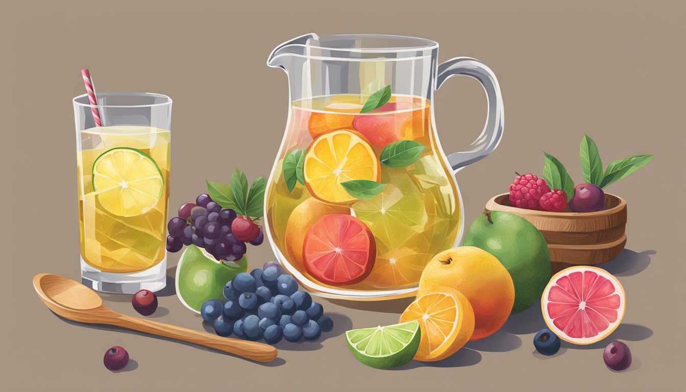 Fruit, wine, and tequila being mixed in a large glass pitcher with ice and a wooden spoon